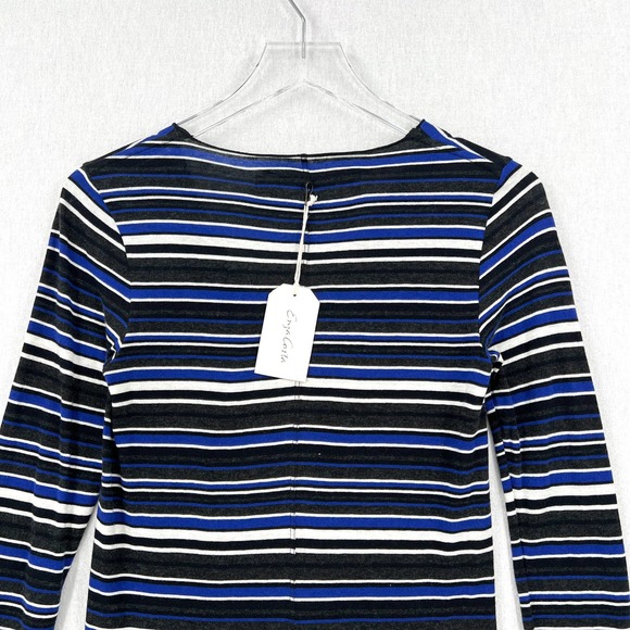 ENZA COSTA Dress Womens Medium Black Blue White Striped Long Sleeve V-neck Midi - Picture 4 of 13